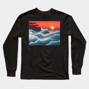 Ukiyo-e Japanese Art - Waves Crashing Against a Rocky Coast at Sunset Long Sleeve T-Shirt